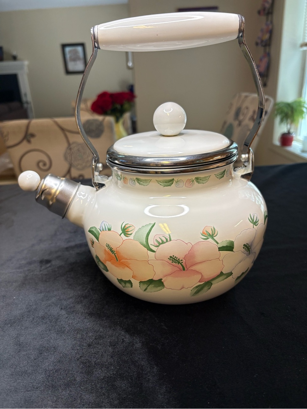 Kamenstein Teapot / White Enameled Steel/ Floral Pattern